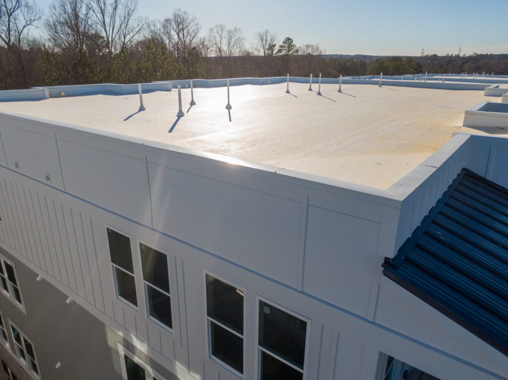 Drone Photos of New commercial flat roofing material installed on a commercial building in Golden, CO