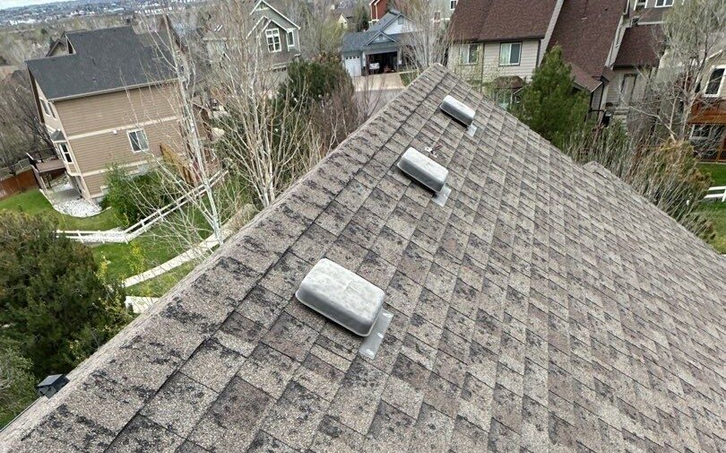 overhead view of a roof with hail damage