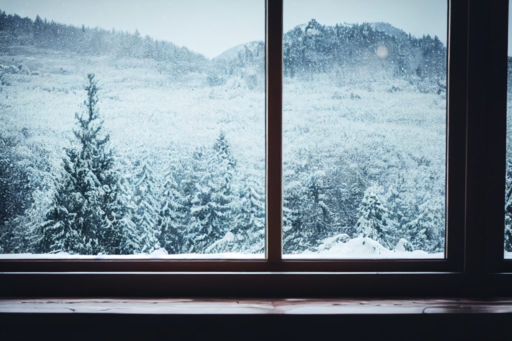 frozen snowy winter scene through drafty windows that need repair