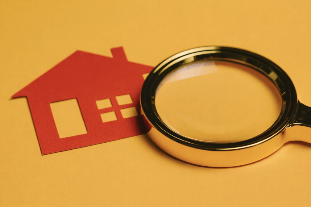 Red house cutout laid on a yellow background with a magnifying class next to it to represent the question of how often should you have your roof inspected