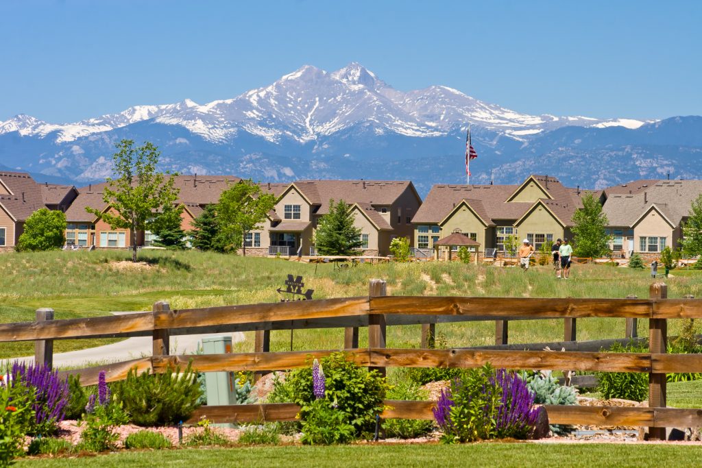 Front range golf course near Longmont, overlooking fourteener Long's Peak in Boulder County, Colorado